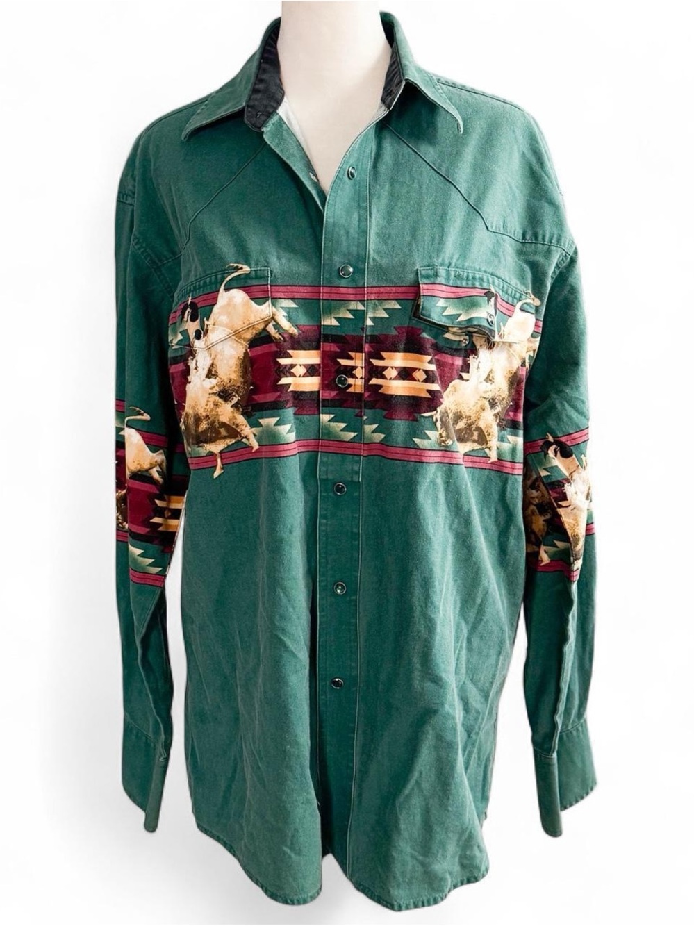 Vintage Wrangler Western Shirt | Green Bull Rider Rodeo Aztec Print | Sz Medium